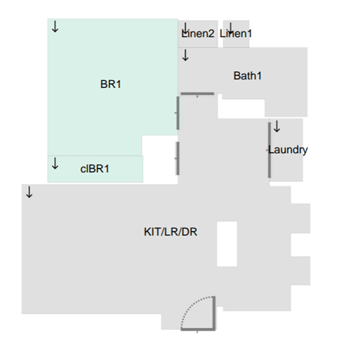 A diagram shows a laundry room with a bathroom and a kitchen/living room/dining room.